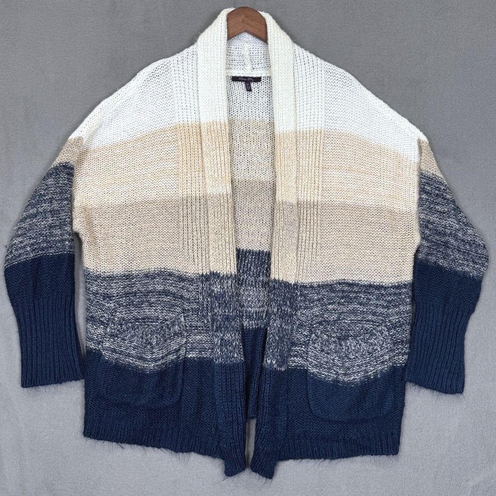 Olivia Sky Cardigan Women 2X Blue Colorblock Open Front Knit Sweater Pockets New
